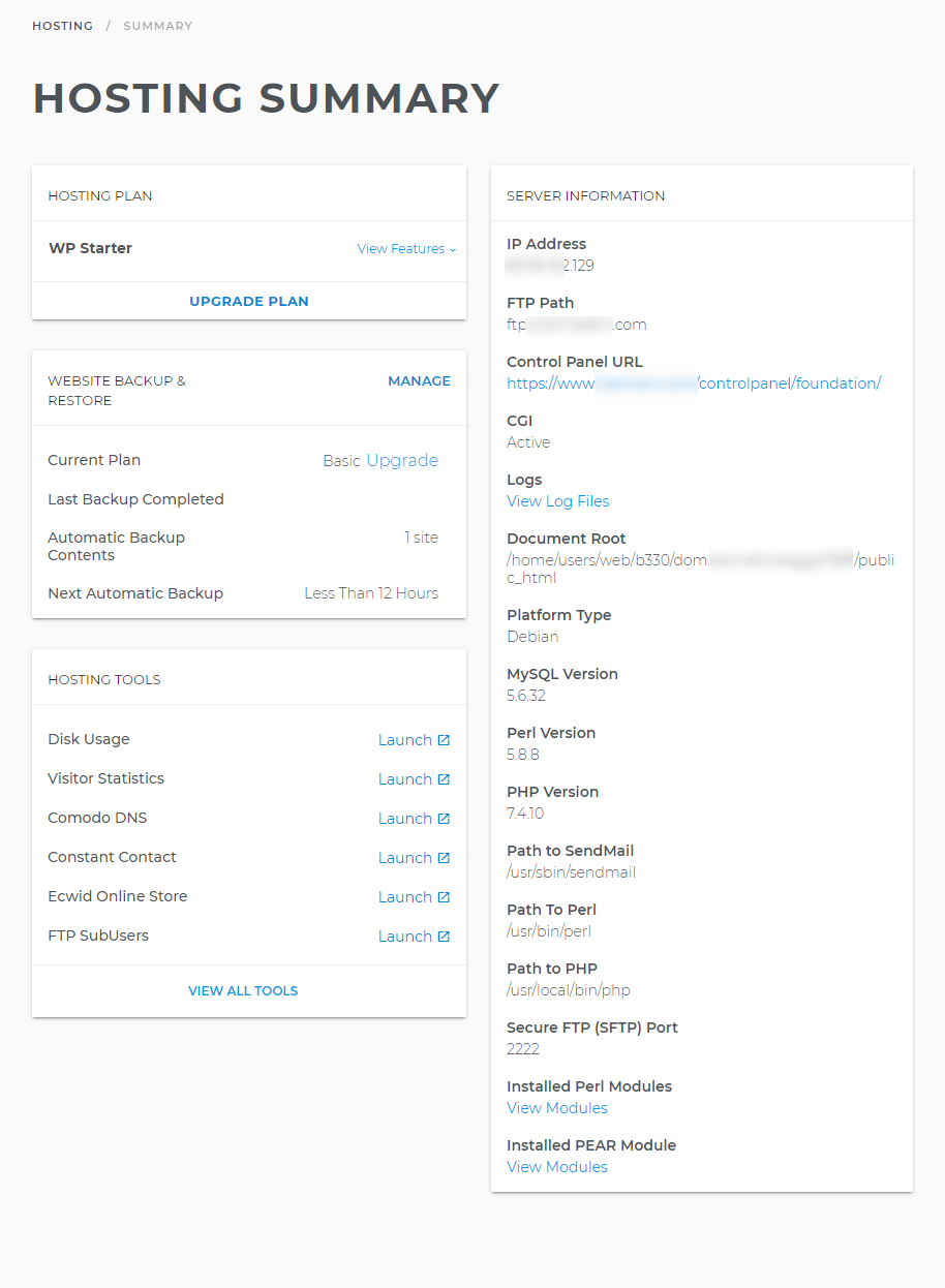 Hosting summary page